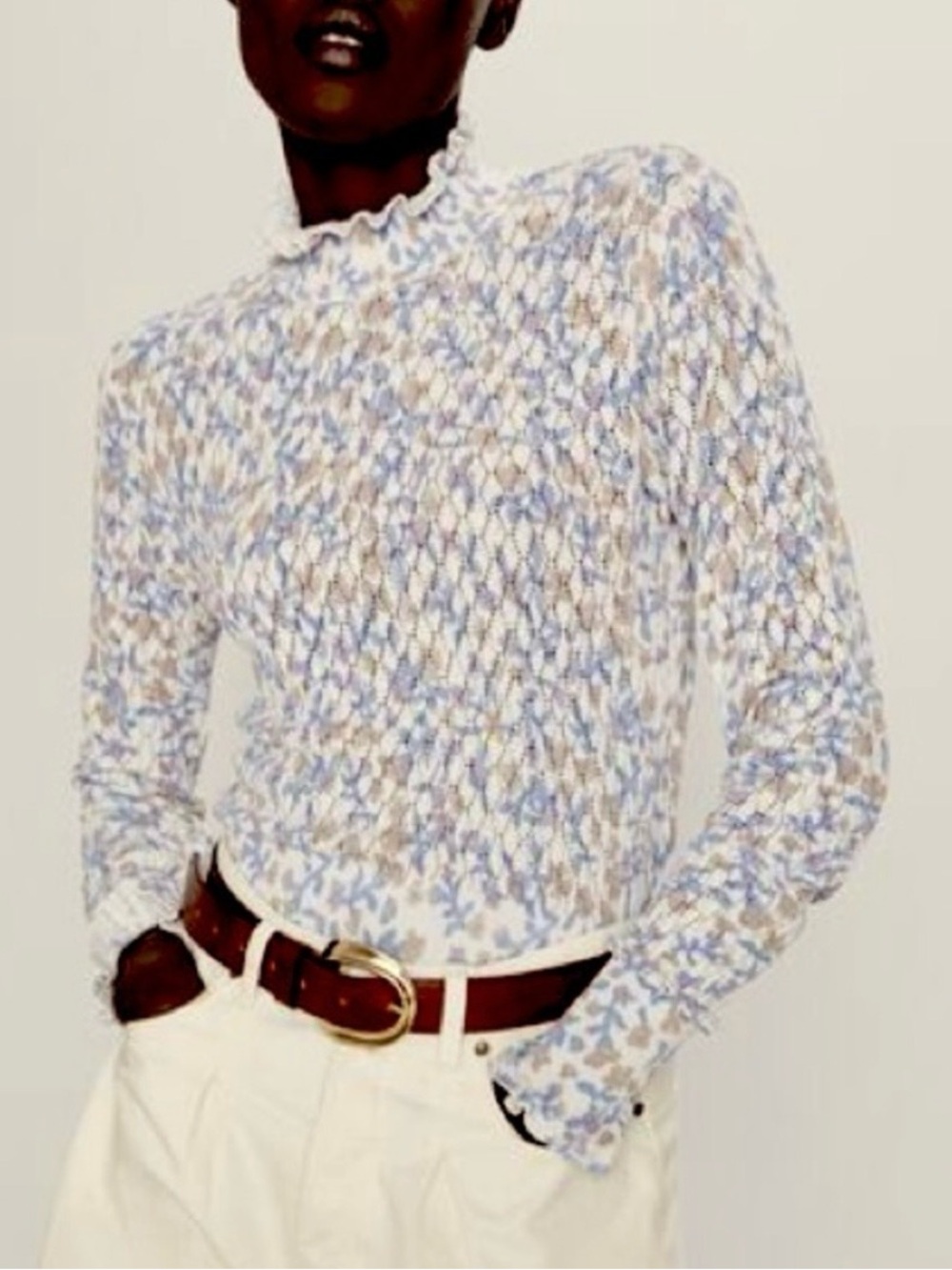 Zara Fine Knit Top Floral Print Mock Neck Ruffle Long Sleeve Sweater Cottagecore - Picture 1 of 12